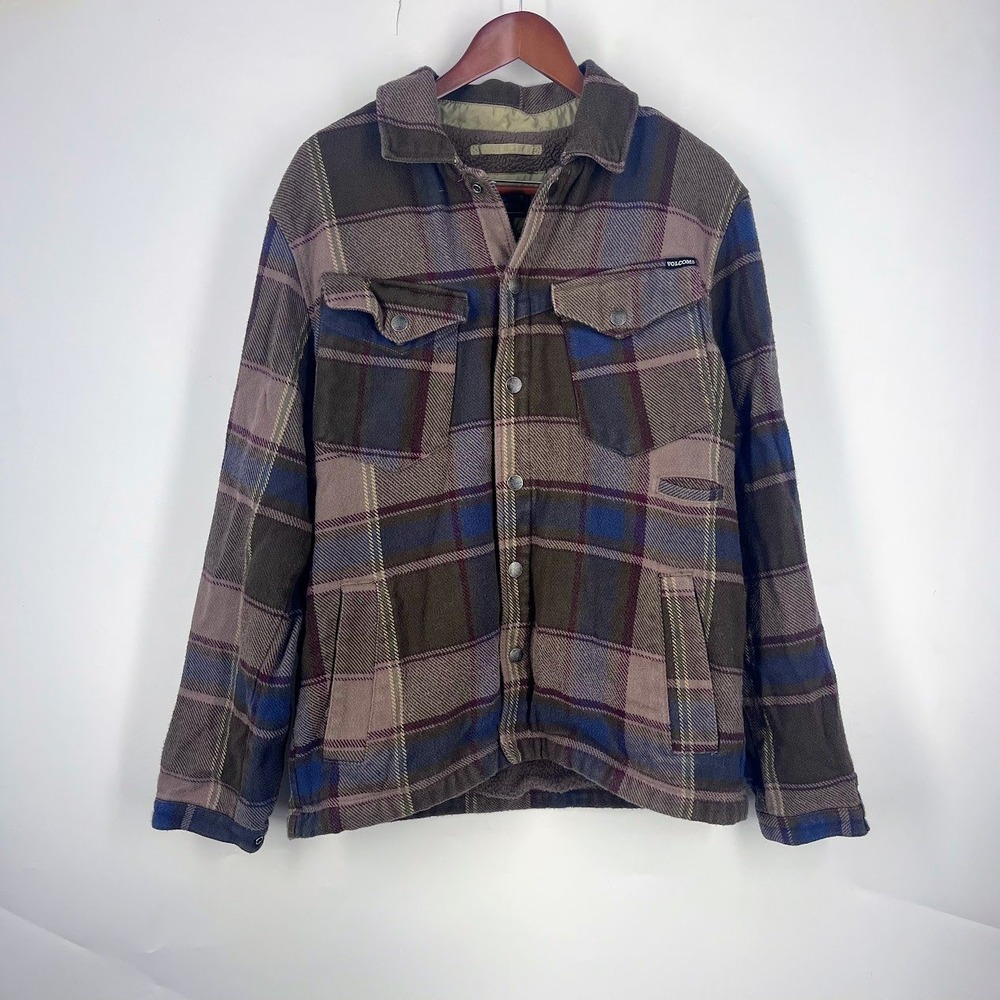 Volcom Work Wear Aberdeen Jacket Brown Blue Plaid Sherpa Lined XL A163805 Mens